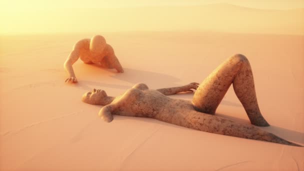 砂漠の風景と砂の中に埋葬された巨大な石の像を持つエイリアン惑星の3Dアニメーション — ストック動画