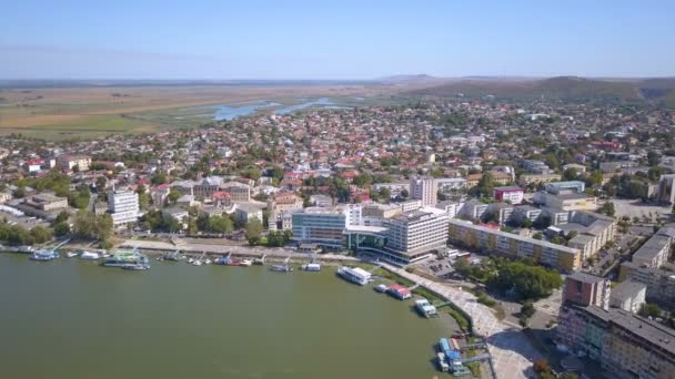 Luchtfoto Van Tulcea Stad Haven Donau Stroomt Naar Zee — Stockvideo