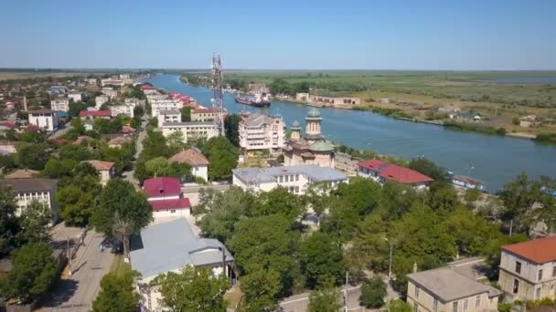 Pemandangan Udara Pelabuhan Kota Sulina Dan Danube Mengalir Laut Hitam — Stok Video