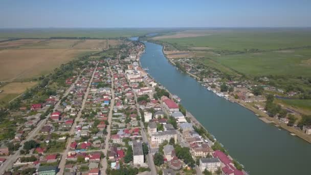 Sulina Şehir Limanının Havadan Görünüşü Tuna Nehri Karadeniz Akıyor — Stok video