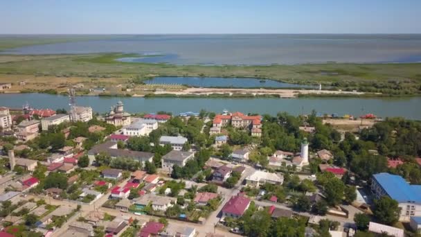 Aerial View Sulina City Harbor Danube Flowing Black Sea — Vídeo de stock