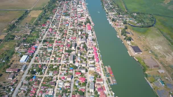 Sulina Şehir Limanının Havadan Görünüşü Tuna Nehri Karadeniz Akıyor — Stok video