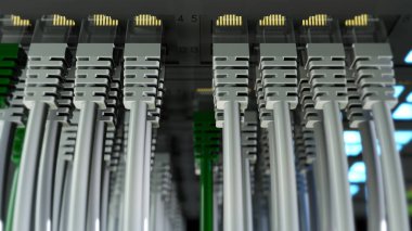 Ethernet rackmount switches and ethernet cables, data center concept, 3d rendering