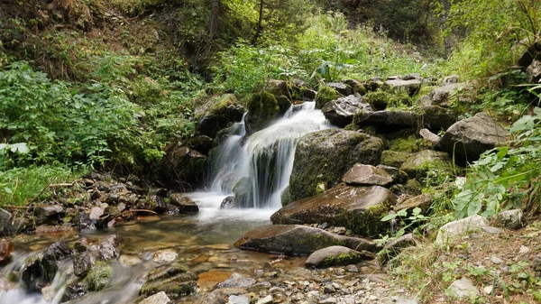 A small waterfall in a mountain forest. — Stock Photo, Image