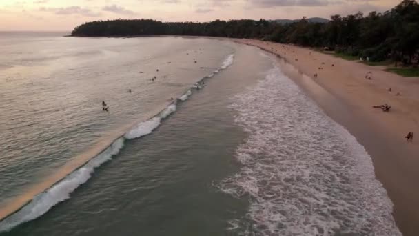 Surferzy łapią fale o zachodzie słońca. Widok z drona — Wideo stockowe