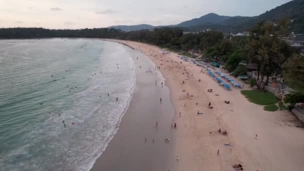 Surfers catch waves at sunset. The view from drone — ストック動画