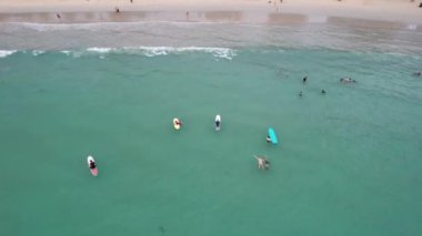 Sörfçüler gün batımında dalga yakalarlar. İnsansız hava aracının görüntüsü