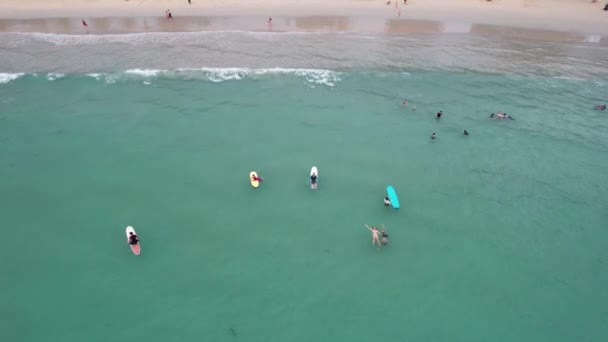 A szörfösök napnyugtakor elkapják a hullámokat. A kilátás a drónról — Stock videók