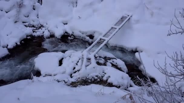 En klar bergsflod rinner genom en snöig ravin — Stockvideo