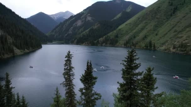 Kolsai mountain lake and green forest. Top view. — Stok video