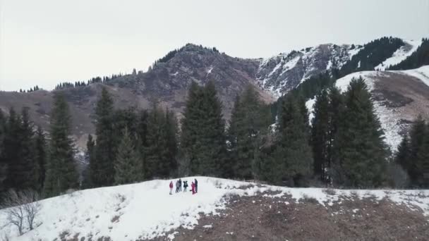 Menschen entspannen sich im Winterwald in den Bergen — Stockvideo