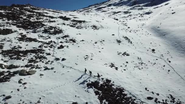 観光客は山の中の雪の歩道に沿って歩く. — ストック動画