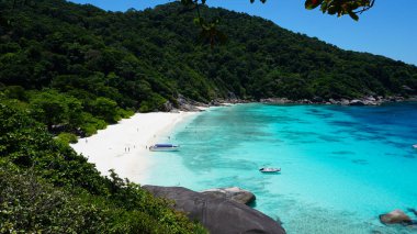 Körfezde turkuaz su var. Adanın manzarası.