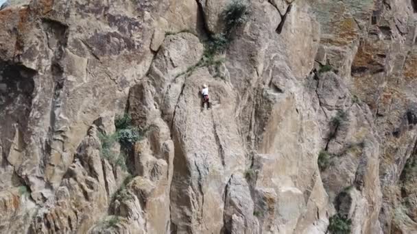 Uomo Arrampica Una Roccia Attività Ricreative Sportive Alpinismo Con Attrezzatura — Video Stock