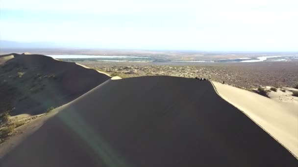 Ogromne Wydmy Kazachstanu Widok Góry Drona Śpiewającej Wydmie Grupa Ludzi — Wideo stockowe