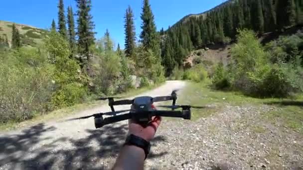 Lanzo Quadcopter Con Mano Despegue Mano Hacia Bosque Las Montañas — Vídeo de stock
