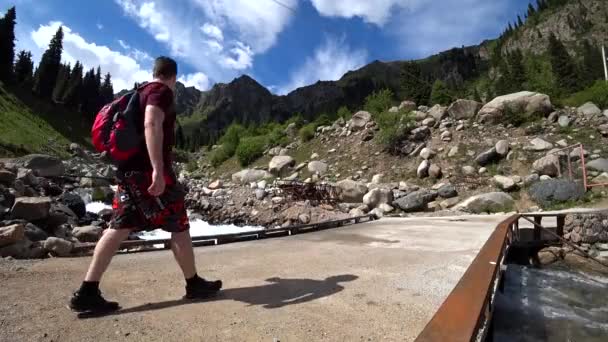 リュックを持った男が橋を渡って歩いている 山の中でハイキング 緑の森 針葉樹林 渦巻く川 橋や山 カザフスタンの山の中で積極的なレクリエーション — ストック動画