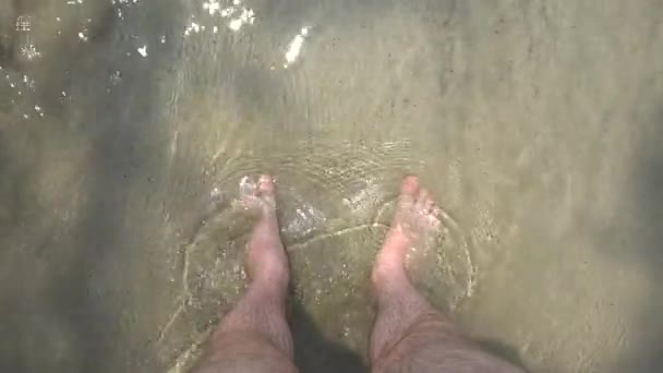 Ноги Морі Омивається Хвилею Великі Волохаті Ноги Стоять Піску Пляжу — стокове відео