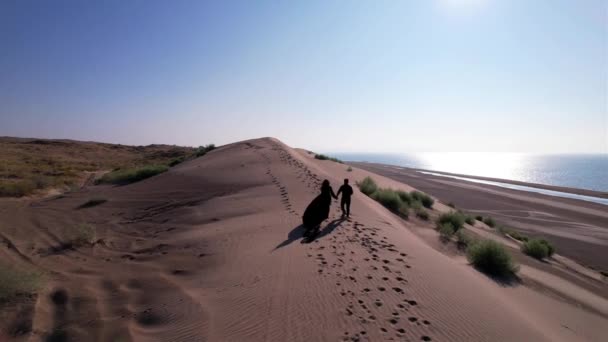 Young Couple Walk Sand Dune Sea Top View Shadow Falls — Stock video