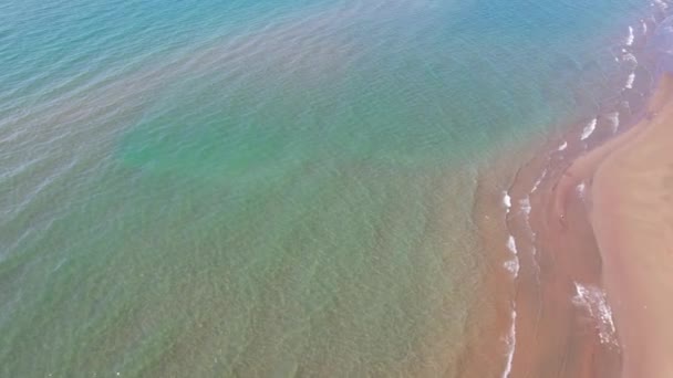 Sea Touches Yellow Sand Waves Top View Drone Clean Beach — Stock videók