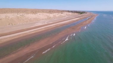 Several gulls are flying over the sea near the beach. Top view from the drone. Green clear water, blue sky. The sand spit and the shore are visible. There is a dune in the distance. Kapchagai