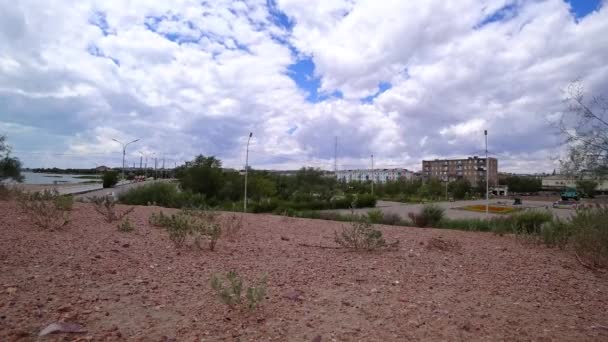 Timelapse City Smoke Factory Big Clouds Floating Fast Green Trees — Stockvideo