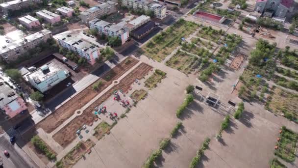 Aerial View Drone Small Town Balkhash Shore Lake Low Houses — стокове відео