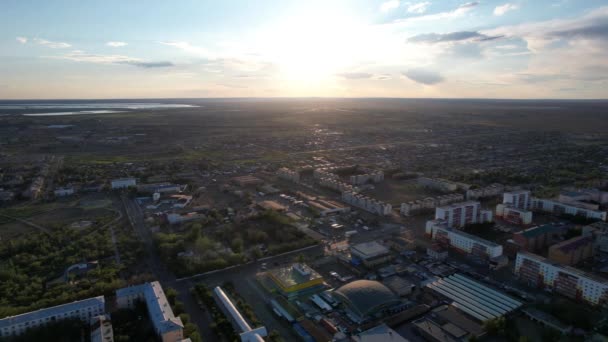 Aerial View Drone Small Town Balkhash Shore Lake Low Houses — Αρχείο Βίντεο