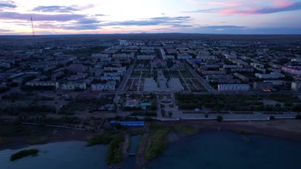 Aerial View Drone Small Town Balkhash Shore Lake Low Houses — Stockvideo
