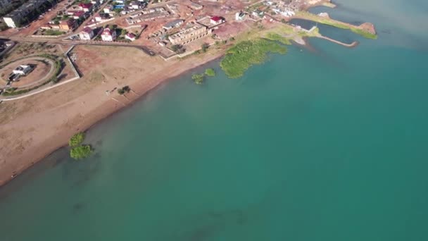 Drone View Bertys Bay Lake Balkhash Blue Green Water Lake — Stockvideo
