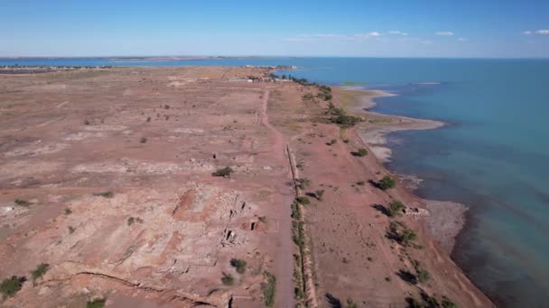 View Height Drone Old Broken Abandoned Camp Shore Lake Balkhash — 图库视频影像