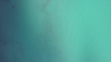 Top view from the drone on the iridescent gradient of the lake water. The color changes from light turquoise to dark blue. Small waves on seawater. Seagulls are flying. The bottom of ocean is visible