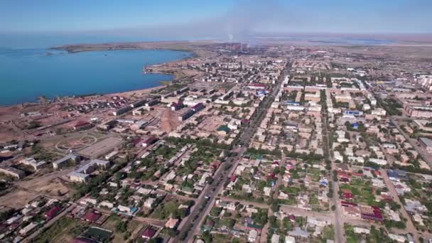 Small Town Balkhash View Drone City Middle Steppe Shore Lake — Video