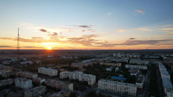 Orange Sunset Small Town Top View Drone Sun Sinking Horizon — стоковое фото