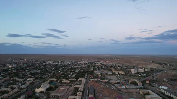 Dark Clouds Horizon Sunset Small Town Top View Drone Low — стоковое фото