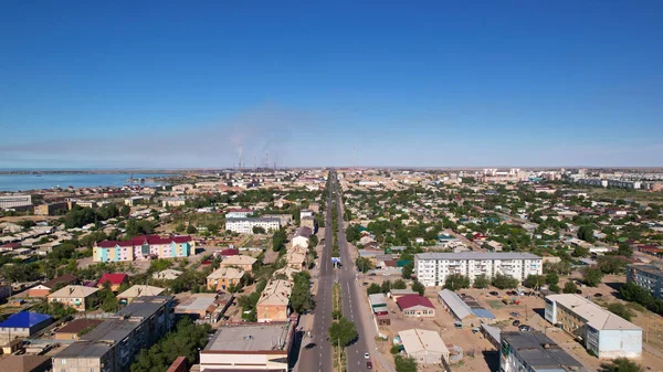 Balkhash Kisvárosa Egy Drón Látványa Egy Város Sztyeppe Közepén Balkhash — Stock Fotó
