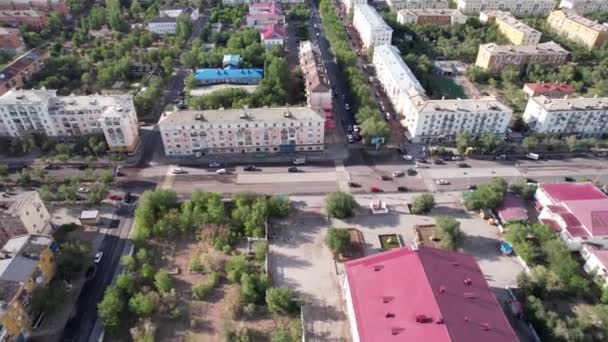 Aerial View Drone Small Town Balkhash Shore Lake Low Houses — Stock video