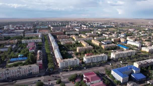 Aerial View Drone Small Town Balkhash Shore Lake Low Houses — Stockvideo