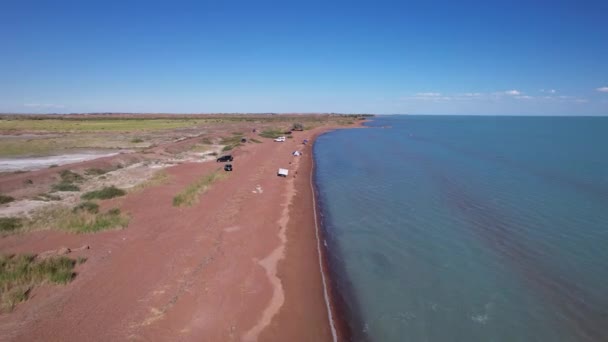 Beach Blue Water Color Sandy Waves Top View Drone Vacationing — Vídeos de Stock