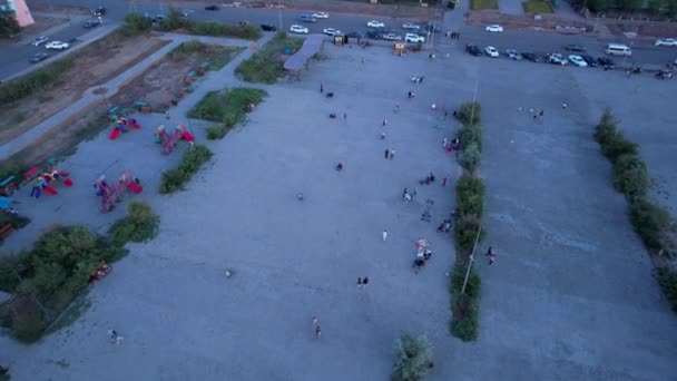 Evening Embankment City Balkhash View Drone Vacationing People Walk Children — Stockvideo