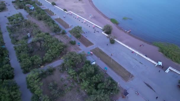 Evening Embankment City Balkhash View Drone Vacationing People Walk Children — Video Stock