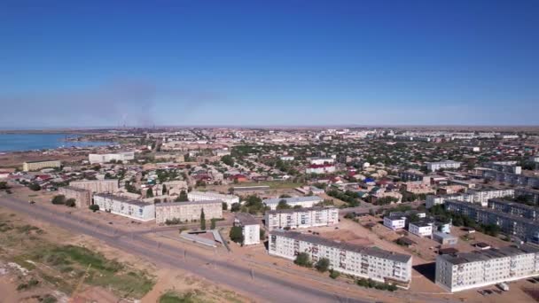 Small Town Balkhash View Drone City Middle Steppe Shore Lake — Video