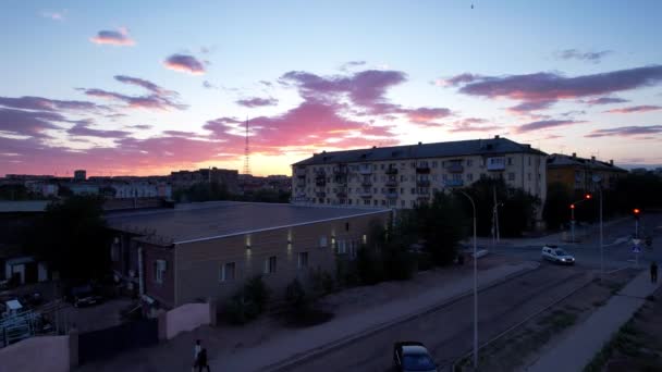 Pink Sunset Small Town Top View Drone Flocks Swifts Fly — 图库视频影像