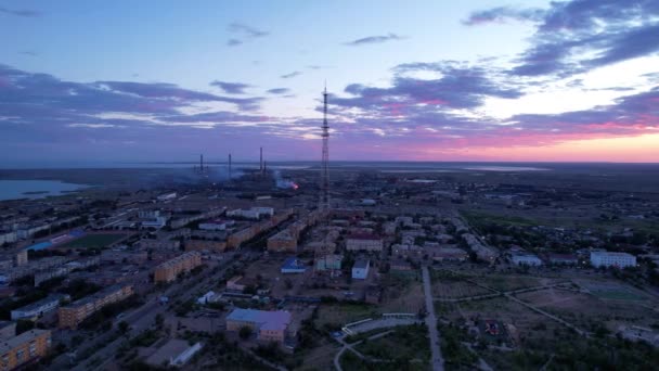 Pink Sunset Small Town Top View Drone Blue Purple Clouds — Stockvideo