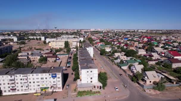 Small Town Balkhash View Drone City Middle Steppe Shore Lake — Stockvideo