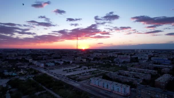 Pink Sunset Small Town Top View Drone Flocks Swifts Fly — Αρχείο Βίντεο