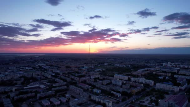 Pink Sunset Small Town Top View Drone Sun Sinking Horizon — 图库视频影像