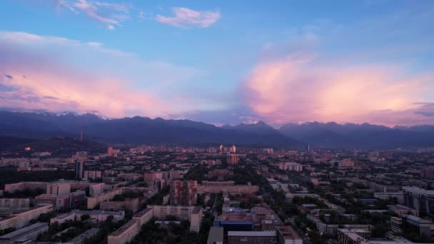 Pink Blue Large Clouds City Almaty Mountains Top View Drone — Stock Video