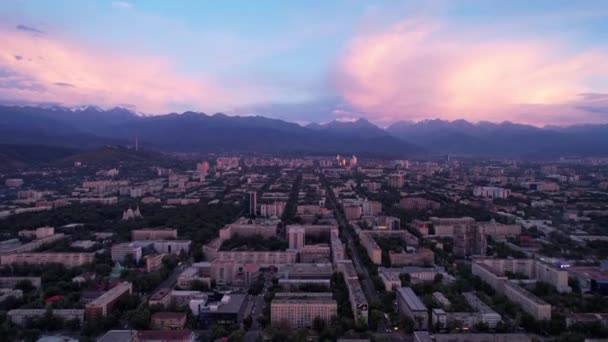 Pink Blue Large Clouds City Almaty Mountains Top View Drone — Stockvideo