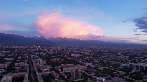 Pink Blue Large Clouds City Almaty Mountains Top View Drone — Video Stock